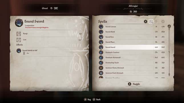 The Bound Sword spell information in Oblivion Remastered.