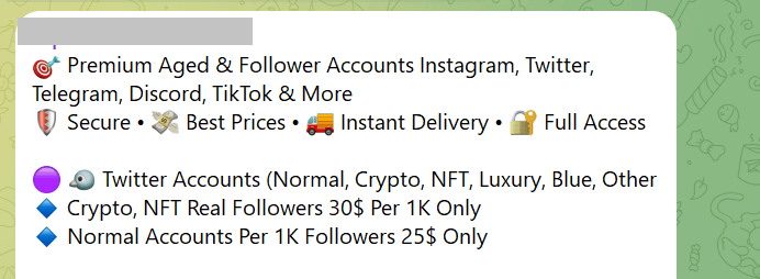 Offers of social media data, as displayed in Telegram